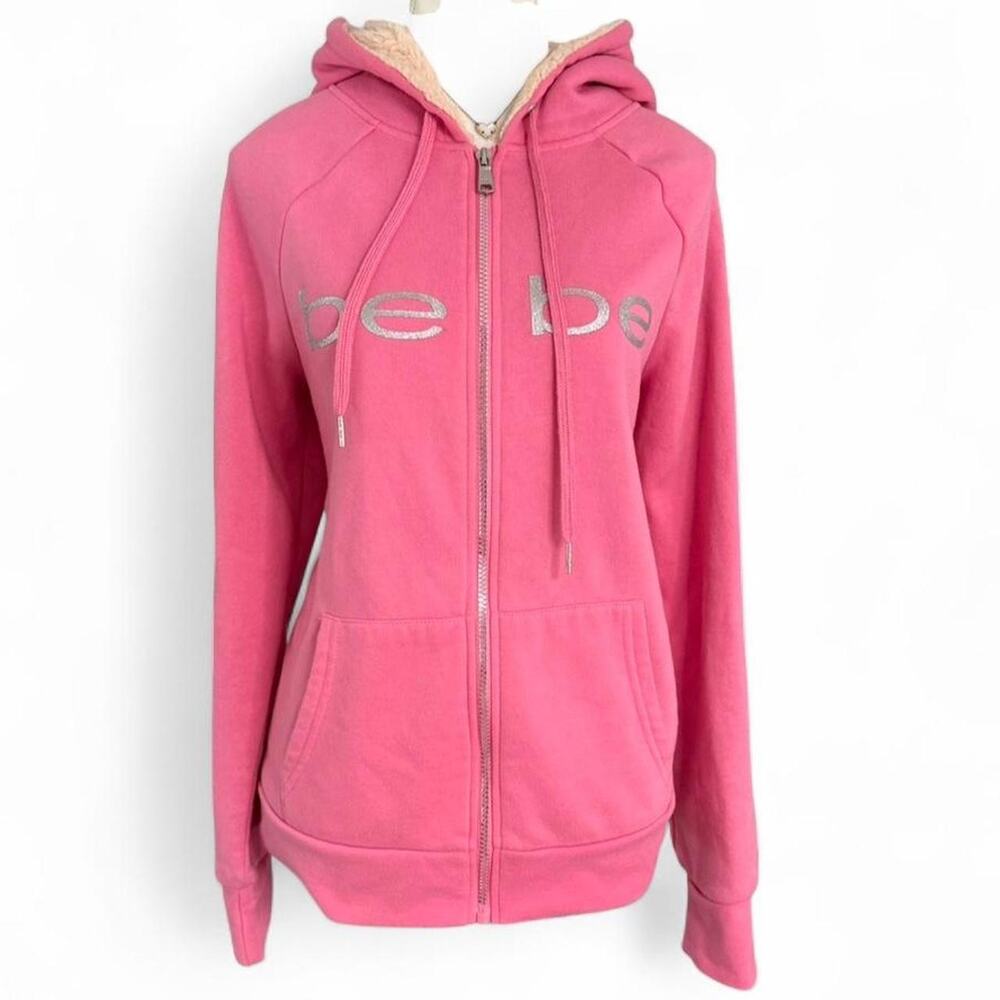 Bebe 2000s Y2K Pink With cream fur lightweight zip up hoodie jacket size large